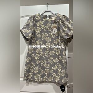 Umgee blue/Gray Dress with Gold Floral Jacquard and Puff Sleeves